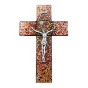 10" Gold and Silver Speckled Red Toned Stained Glass Cross with Fine Pewter Corpus