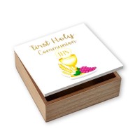5 1/2" x 5 1/2" First Communion Wooden Keepsake Box with Chalice and Grapes