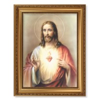 15 1/2" x 19 1/2" Antique Gold Leaf Beveled Frame with Bead Inlay and 12" x 16" Sacred Heart of Jesus Textured Art
