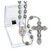 Teal Alabaster Luster Glass Bead Rosary, Boxed