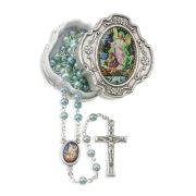 4mm Light Blue Pearlized Bead Rosary with Picture Center and Fancy Crucifix in Metal Keepsake Box