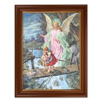15 1/2" x 19 1/2" Walnut Finish Frame with Gold Accent and a 12" x 16" Guardian Angel Textured Art
