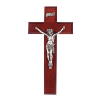9" Dark Cherry Wood Crucifix with Antiqued Fine Pewter Corpus