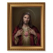 15 1/2" x 19 1/2" Antique Gold Leaf Beveled Frame with Bead Inlay and 12" x 16" Sacred Heart of Jesus Textured Art