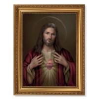 15 1/2" x 19 1/2" Antique Gold Leaf Beveled Frame with Bead Inlay and 12" x 16" Sacred Heart of Jesus Textured Art