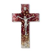 7" Gold and Silver Speckled on Red Tone Glass Cross with Fine Pewter Corpus