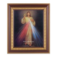11 1/2" x 13 1/2" Cherry Frame with Gold Trim with an 8" x 10" Divine Mercy Print
