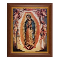 10 1/2" x 12 1/2" Walnut Finish Beveled Frame with 8" x 10" Our Lady of Guadalupe with Angels Textured Art