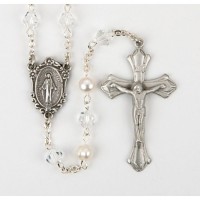 6mm Crystal Bead and White Genuine Freshwater Pearl Rosary in a Grey Velvet Box