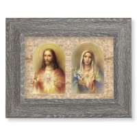 7 1/2" x 9 1/2" Grey Weathered Frame with The Sacred Hearts Artwork on Wood Plaque