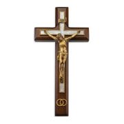 10" Walnut Wood and Pearlized Cross with a Gold Finish Corpus and Wedding Rings