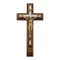 10" Walnut Wood and Pearlized Cross with a Gold Finish Corpus and Wedding Rings