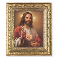 12 1/2" x 14 1/2" Ornate Gold Leaf Antique Frame with 8" x 10" The Sacred Heart of Jesus Print