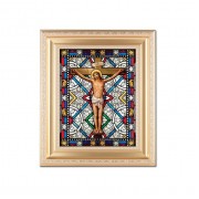 10 1/4" x 12 1/4" Satin Gold Frame with an 8" X 10" Crucifixion Liturgical Glass Art
