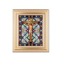 10 1/4" x 12 1/4" Satin Gold Frame with an 8" X 10" Crucifixion Liturgical Glass Art