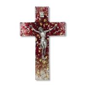 7" Gold and Silver Specks on Red Tone Glass Cross with Genuine Pewter Corpus