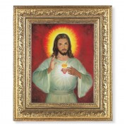 12 1/2" x 14 1/2" Ornate Gold Leaf Antique Frame with 8" x 10" The Sacred Heart Print