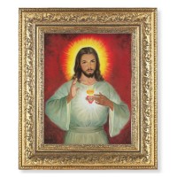 12 1/2" x 14 1/2" Ornate Gold Leaf Antique Frame with 8" x 10" The Sacred Heart Print