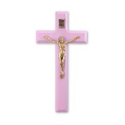 7" Pink Wood Cross with Museum Gold Finish Corpus