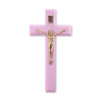 7" Pink Wood Cross with Museum Gold Finish Corpus