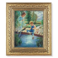 12 1/2" x 14 1/2" Ornate Gold Leaf Antique Frame with 8" x 10" Guardian Angel with Boy Print