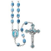 Oval Blue Marble Bead Rosary in Grey Velvet Box