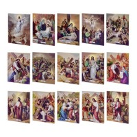 7 1/2" x 10" Stations of the Cross Set of 15 Gold Embossed Wood Plaques