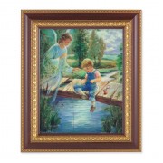 11 1/2" x 13 1/2" Cherry Frame with Gold Trim with an 8" x 10" Guardian Angel with Boy Print