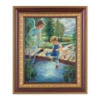 11 1/2" x 13 1/2" Cherry Frame with Gold Trim with an 8" x 10" Guardian Angel with Boy Print