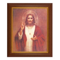 10 1/2" x 12 1/2" Walnut Finish Beveled Frame with 8" x 10" Chambers: Sacred Heart of Jesus Textured Art