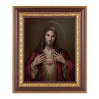 11 1/2" x 13 1/2" Cherry Frame with Gold Trim with an 8" x 10" Sacred Heart of Jesus Print