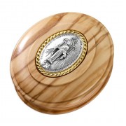 Miraculous Medal Olive Wood Keepsake Box with Pewter Inlay and Gold Accents. Magnetic Lid Closure.