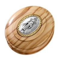 Miraculous Medal Olive Wood Keepsake Box with Pewter Inlay and Gold Accents. Magnetic Lid Closure.
