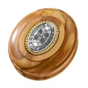 Saint Benedict Olive Wood Keepsake Box with Pewter Inlay with Gold Accents. Magnetic Lid Closure.