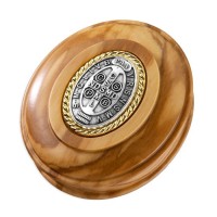 Saint Benedict Olive Wood Keepsake Box with Pewter Inlay with Gold Accents. Magnetic Lid Closure.