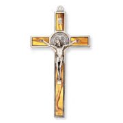 7" Saint Benedict Silver Finish Crucifix with Wood Inlay