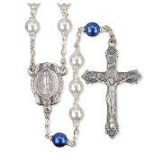 White Pearl Bead Rosary with Blue Our Father Beads