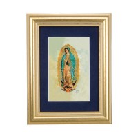 5 1/4" x 6 3/4" Gold Leaf Frame-Navy Blue Matte with a 2 1/2" x 3 3/4" Our Lady of Guadalupe Print
