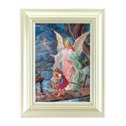 5 1/2 X 7" Pearlized White Frame with a Guardian Angel on Bridge Print