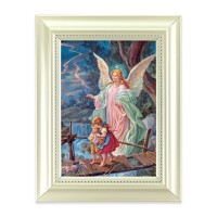 5 1/2 X 7" Pearlized White Frame with a Guardian Angel on Bridge Print