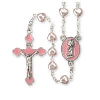 5mm Pink Heart Shaped Bead Girls First Communion Rosary Boxed