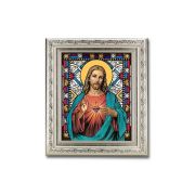 8.25" x 10.25" Silver Ornate Frame with a 6" x 8" Sacred Heart Jesus Textured Glass Artwork