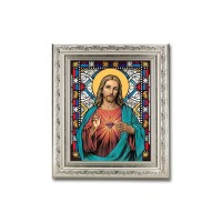 8.25" x 10.25" Silver Ornate Frame with a 6" x 8" Sacred Heart Jesus Textured Glass Artwork