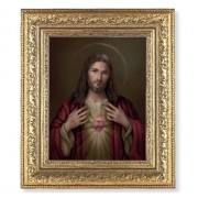 12 1/2" x 14 1/2" Ornate Gold Leaf Antique Frame with 8" x 10" Sacred Heart Print