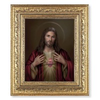 12 1/2" x 14 1/2" Ornate Gold Leaf Antique Frame with 8" x 10" Sacred Heart Print