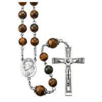 8mm Tiger Eye with 10mm Capped Bead Rosary with Deluxe Centerpiece and Crucifix in a Grey Velvet Box