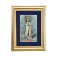 5 1/4" x 6 3/4" Gold Leaf Frame-Navy Blue Matte with a 2 1/2" x 3 3/4" Our Lady of Fatima Print