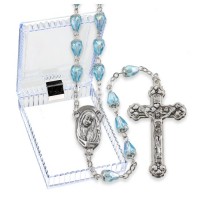 Aqua Crystal Capped Bead Rosary in a Clear Hinged Box