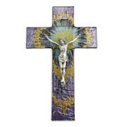 10" Purple and Gold Burst Glass Cross with Fine Pewter Corpus