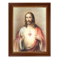 15 1/2" x 19 1/2" Walnut Finish Frame with Gold Accent and a 12" x 16" Sacred Heart of Jesus Textured Art